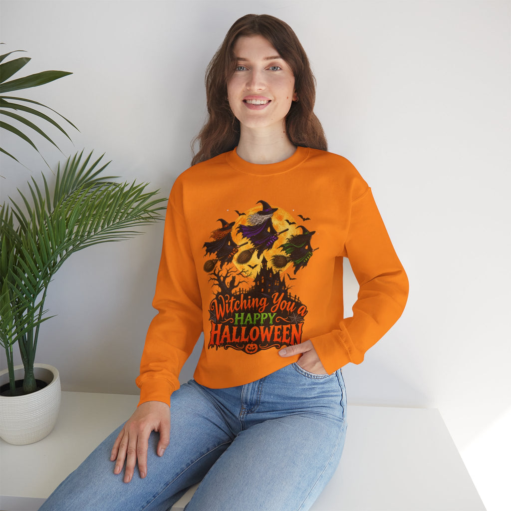 Witching You a Happy Halloween Crewneck Sweatshirt | Halloween Skull Moon Design