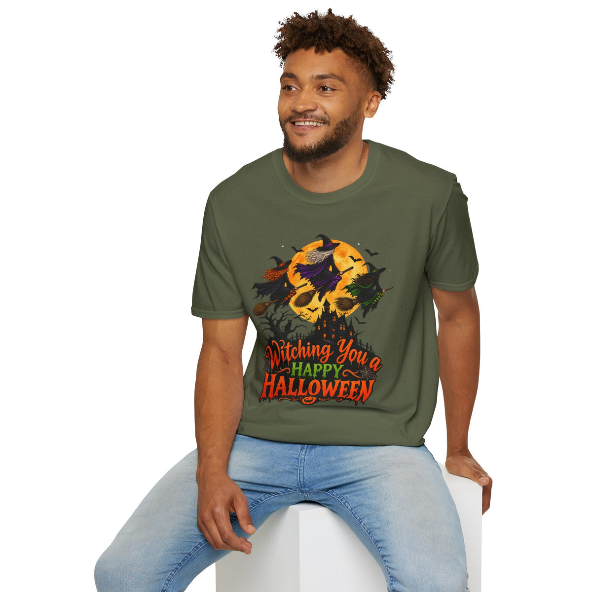 Witching You a Happy Halloween T-Shirt | Witch, Bats, Pumpkin, Moon