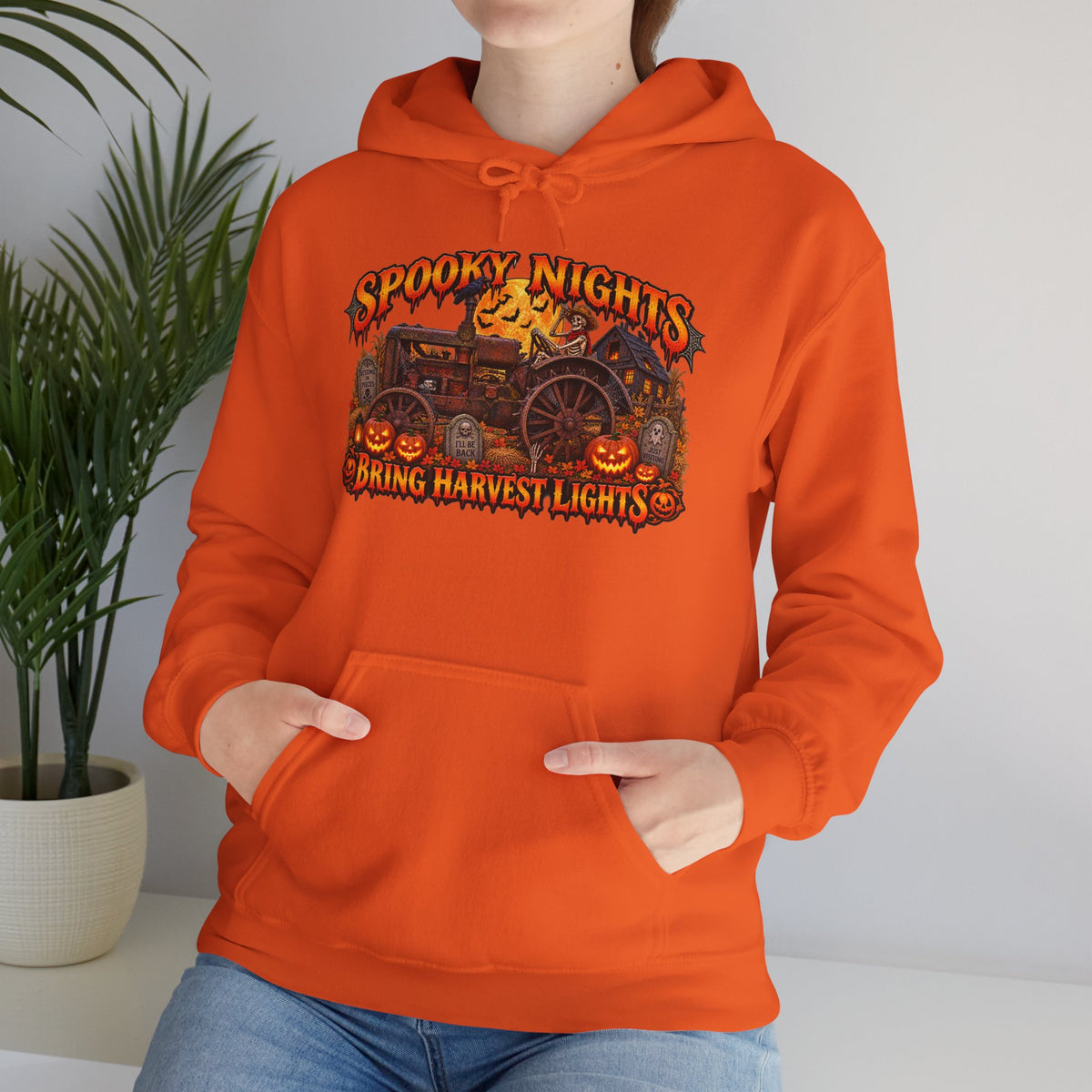 Spooky Nights Bring Harvest Lights Hoodie | Halloween Pumpkin Wagon Sweatshirt