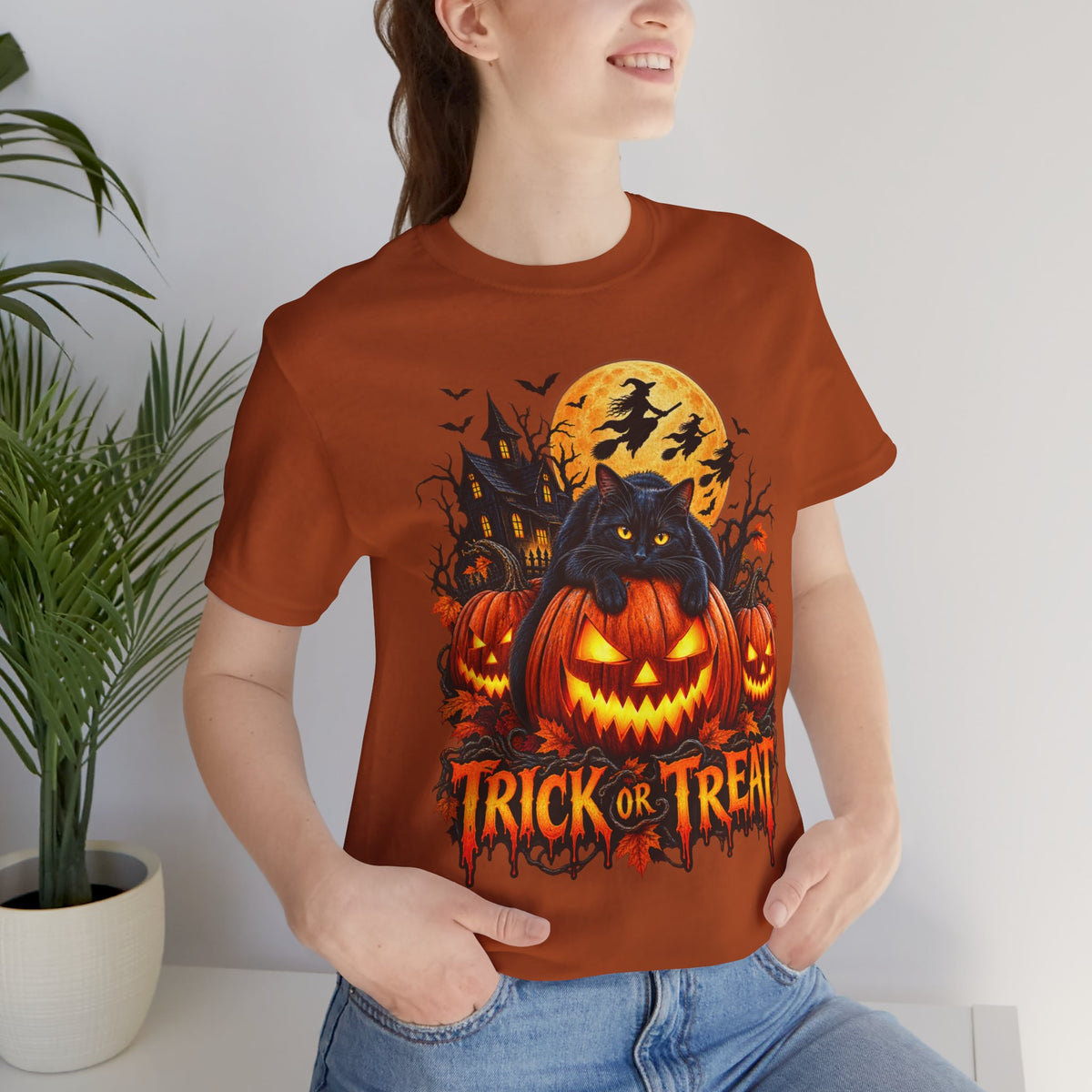 Trick or Treat Jack-O'-Lanterns Pumpkin Cat T-Shirt | Halloween Tee, Spooky Haunted Moon