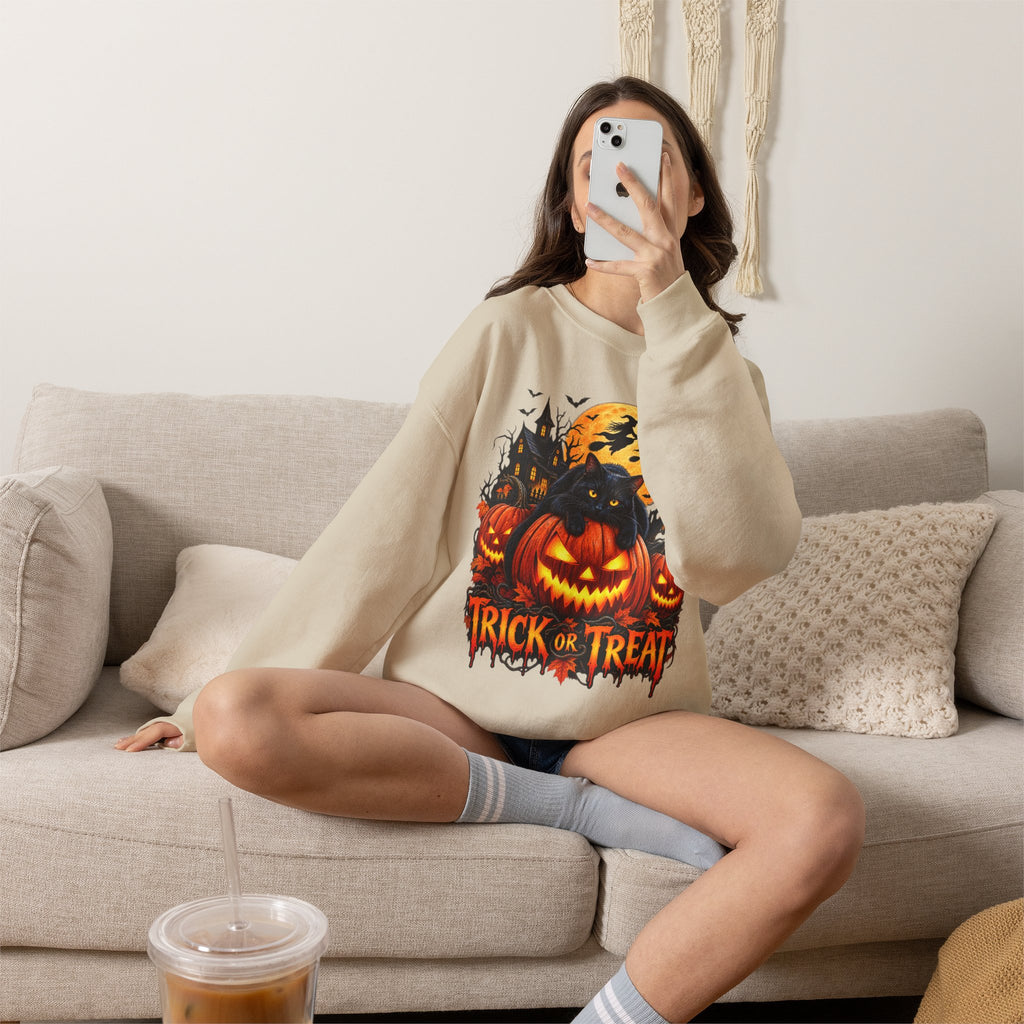 Trick or Treat Pumpkin Cat Sweatshirt | Halloween Jack-O'-Lantern Crewneck