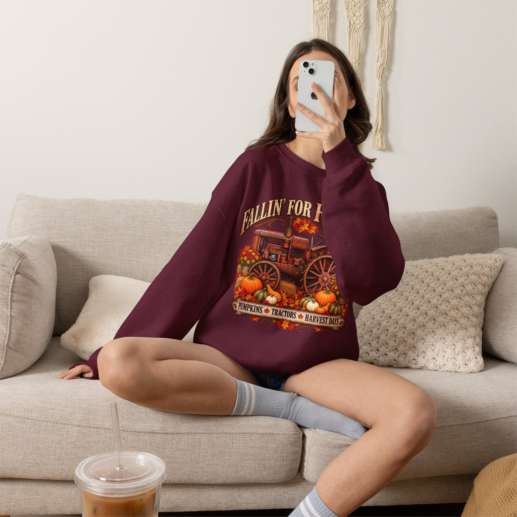 Fallin' for Farm Life Crewneck | Vintage Tractor, Pumpkins, Harvest
