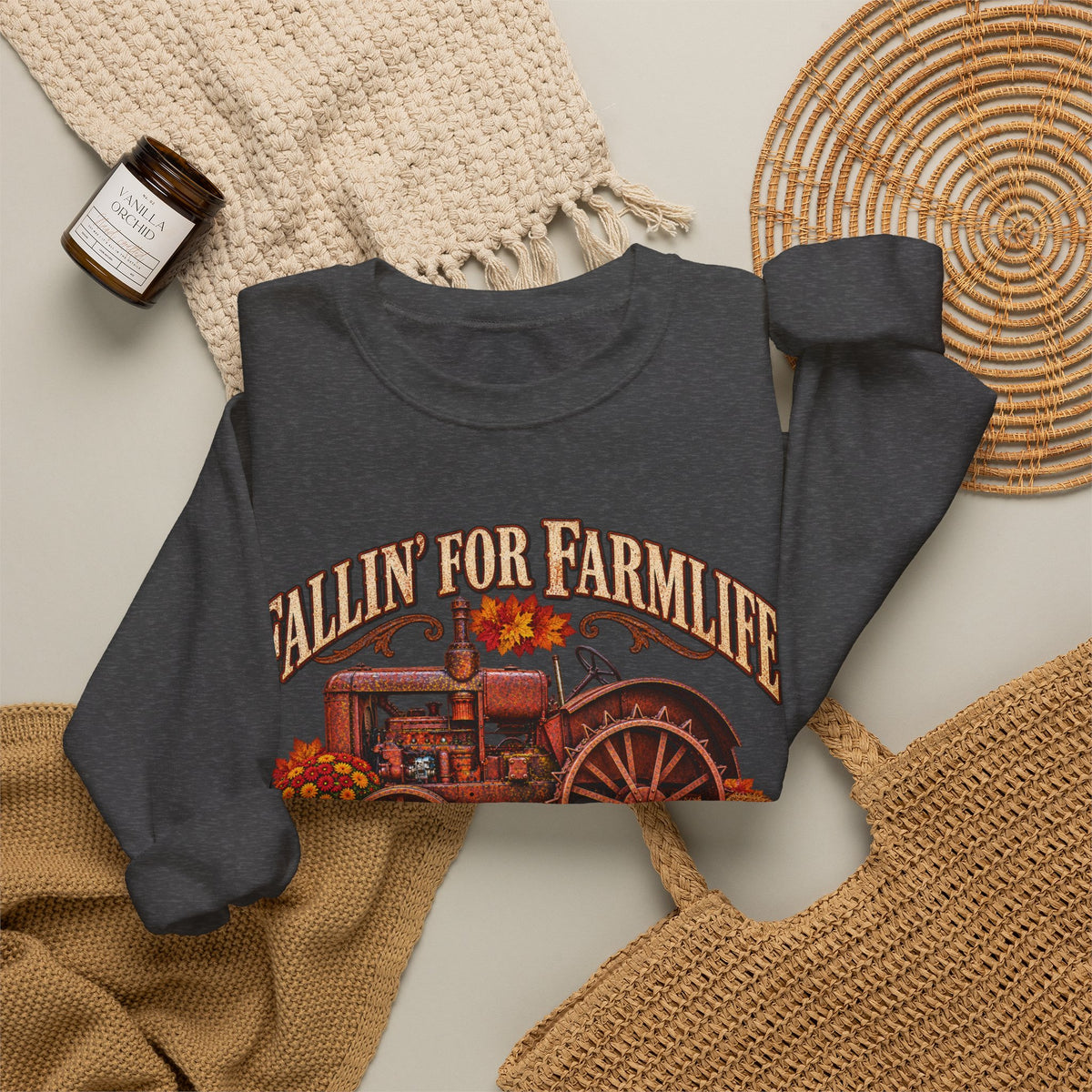 Fallin' for Farm Life Crewneck | Vintage Tractor, Pumpkins, Harvest