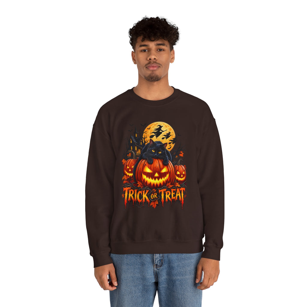 Trick or Treat Pumpkin Cat Sweatshirt | Halloween Jack-O'-Lantern Crewneck