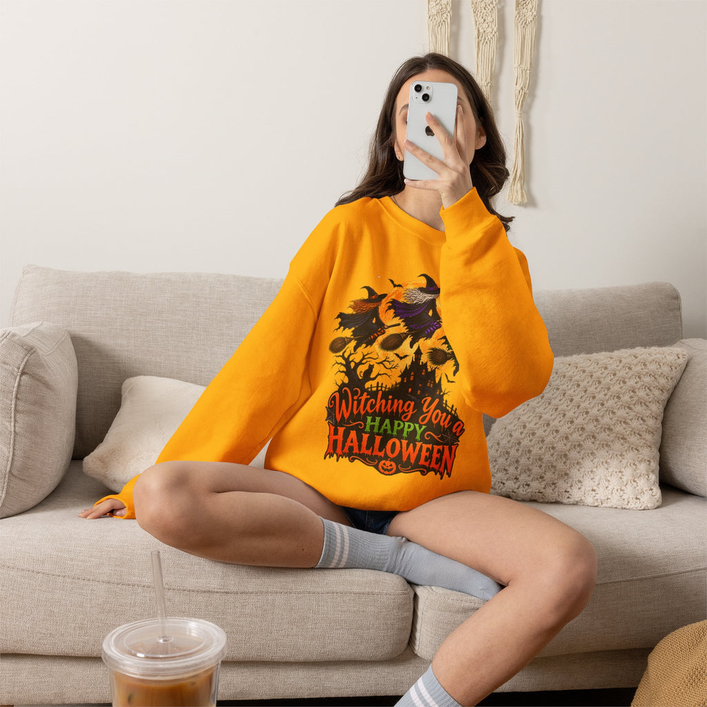 Witching You a Happy Halloween Crewneck Sweatshirt | Halloween Skull Moon Design