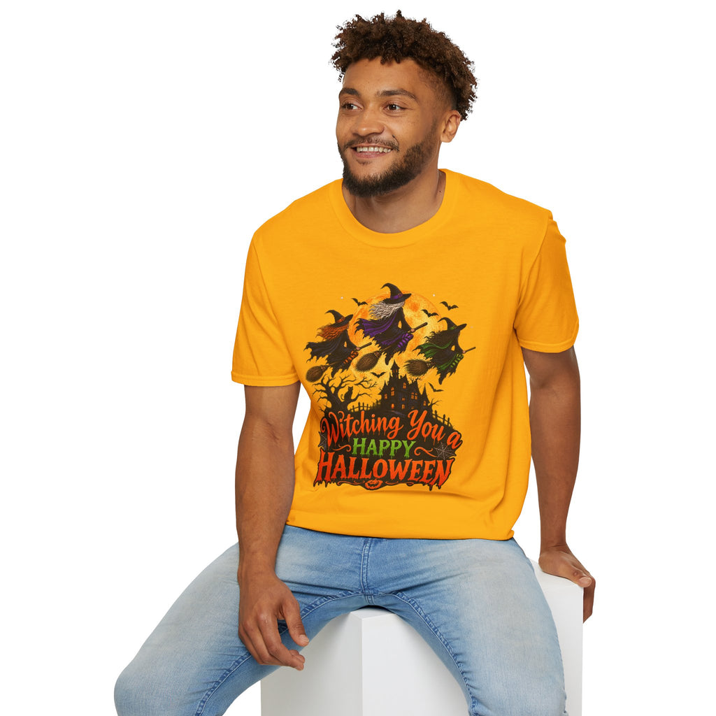 Witching You a Happy Halloween T-Shirt | Witch, Bats, Pumpkin, Moon