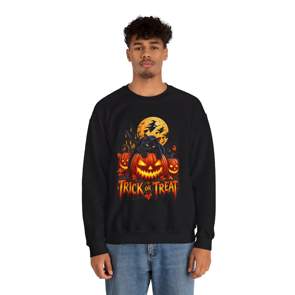 Trick or Treat Pumpkin Cat Sweatshirt | Halloween Jack-O'-Lantern Crewneck