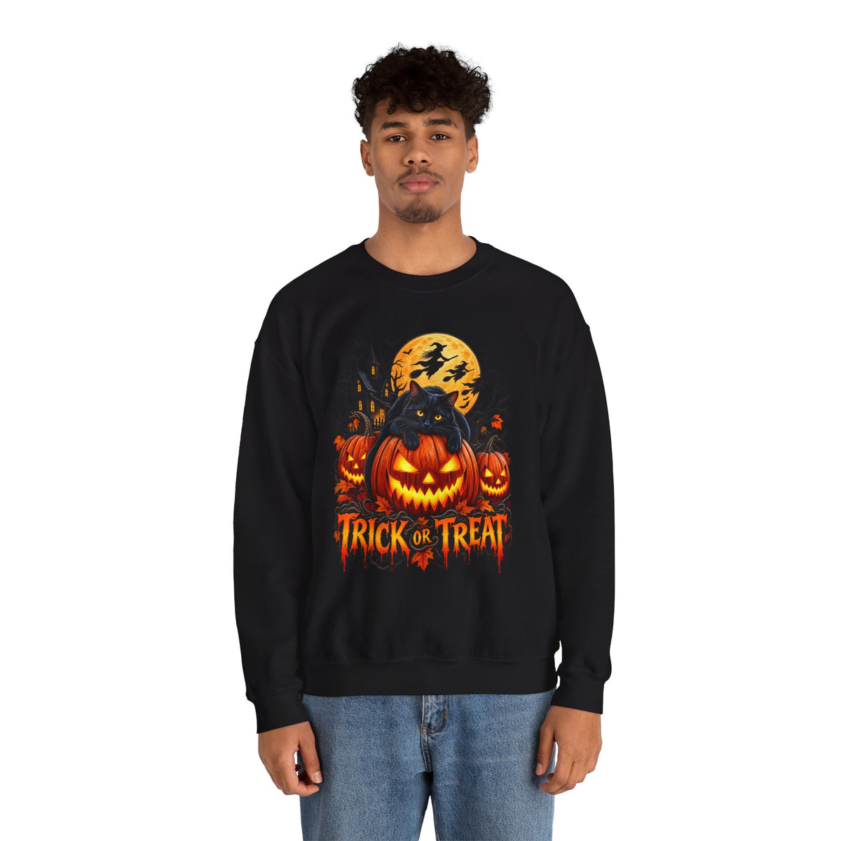 Trick or Treat Pumpkin Cat Sweatshirt | Halloween Jack-O'-Lantern Crewneck