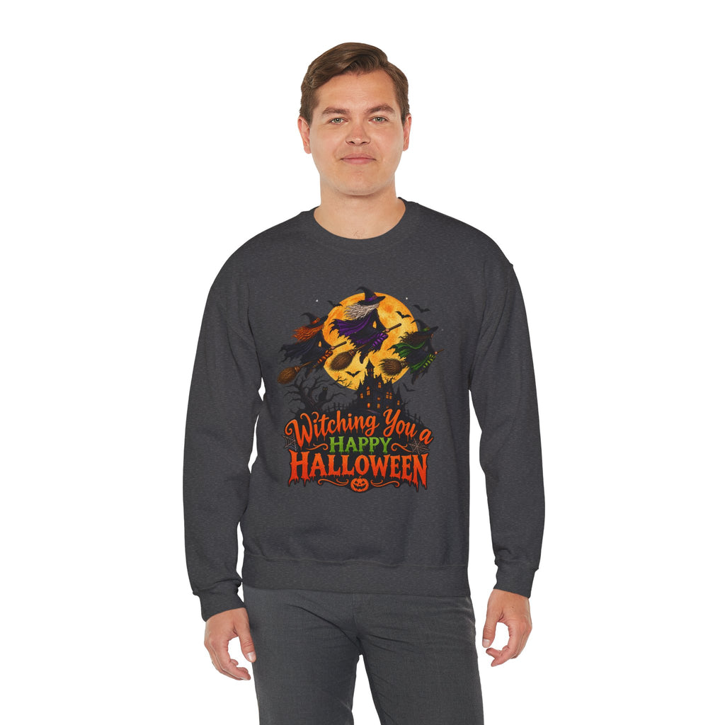 Witching You a Happy Halloween Crewneck Sweatshirt | Halloween Skull Moon Design