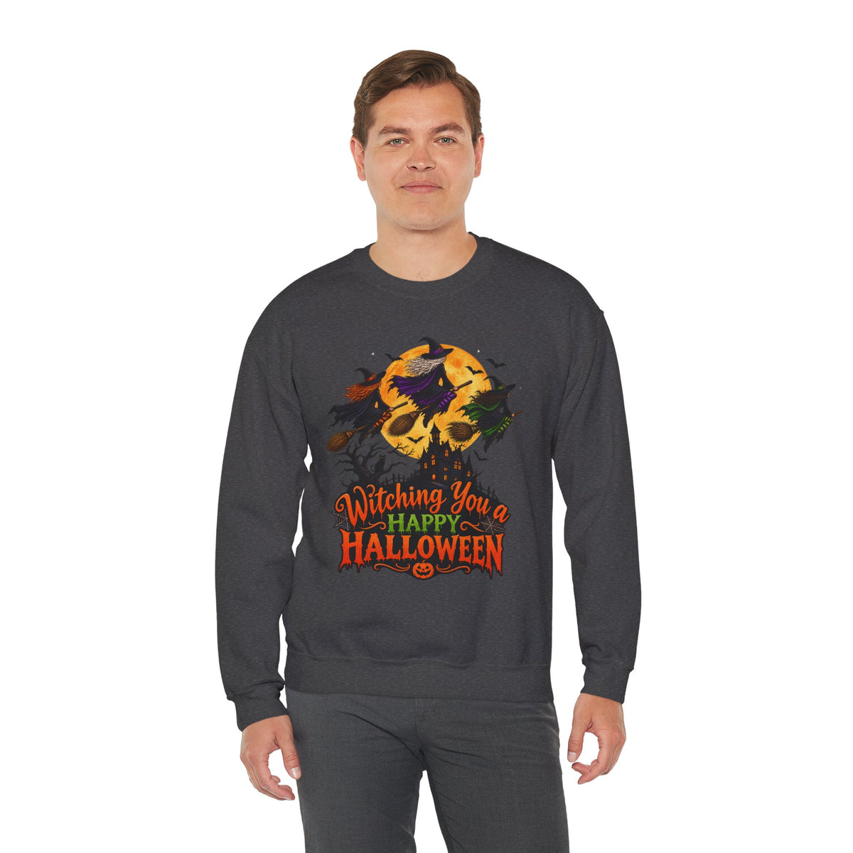 Witching You a Happy Halloween Crewneck Sweatshirt | Halloween Skull Moon Design