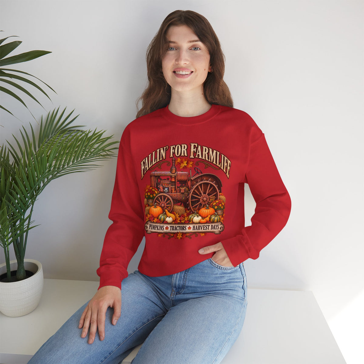 Fallin' for Farm Life Crewneck | Vintage Tractor, Pumpkins, Harvest