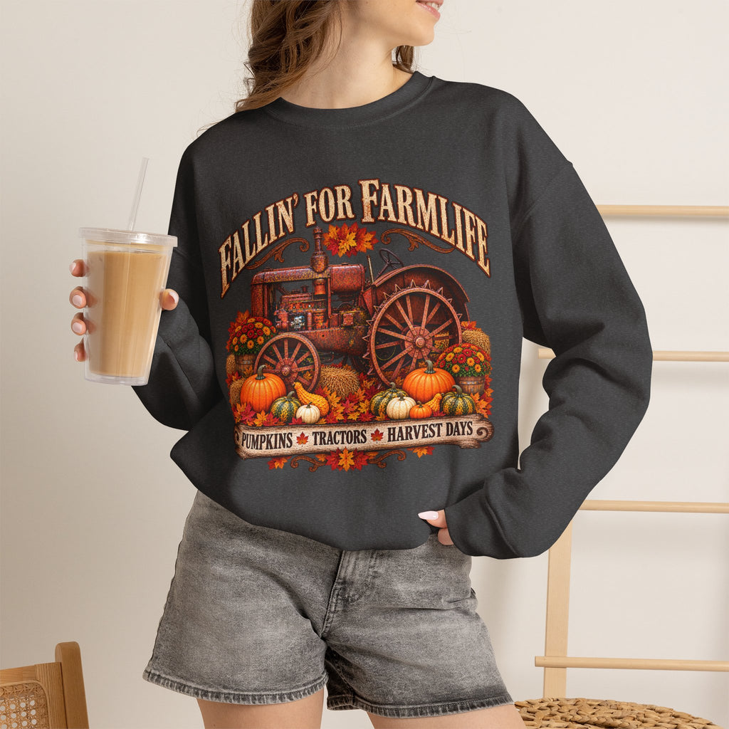 Fallin' for Farm Life Crewneck | Vintage Tractor, Pumpkins, Harvest