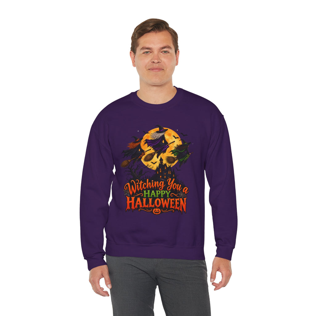 Witching You a Happy Halloween Crewneck Sweatshirt | Halloween Skull Moon Design