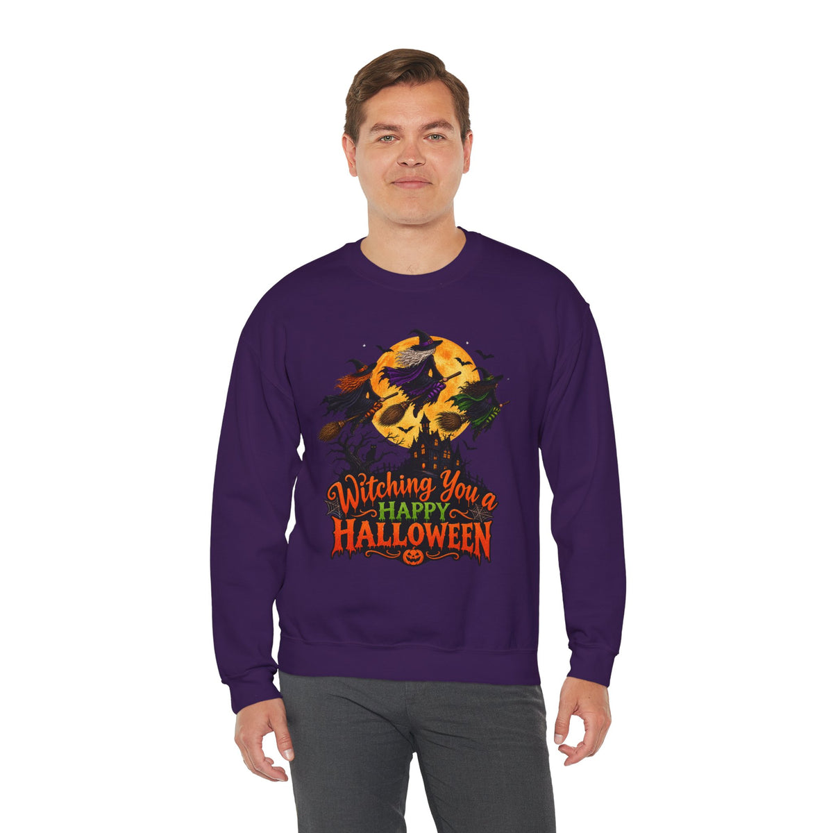 Witching You a Happy Halloween Crewneck Sweatshirt | Halloween Skull Moon Design