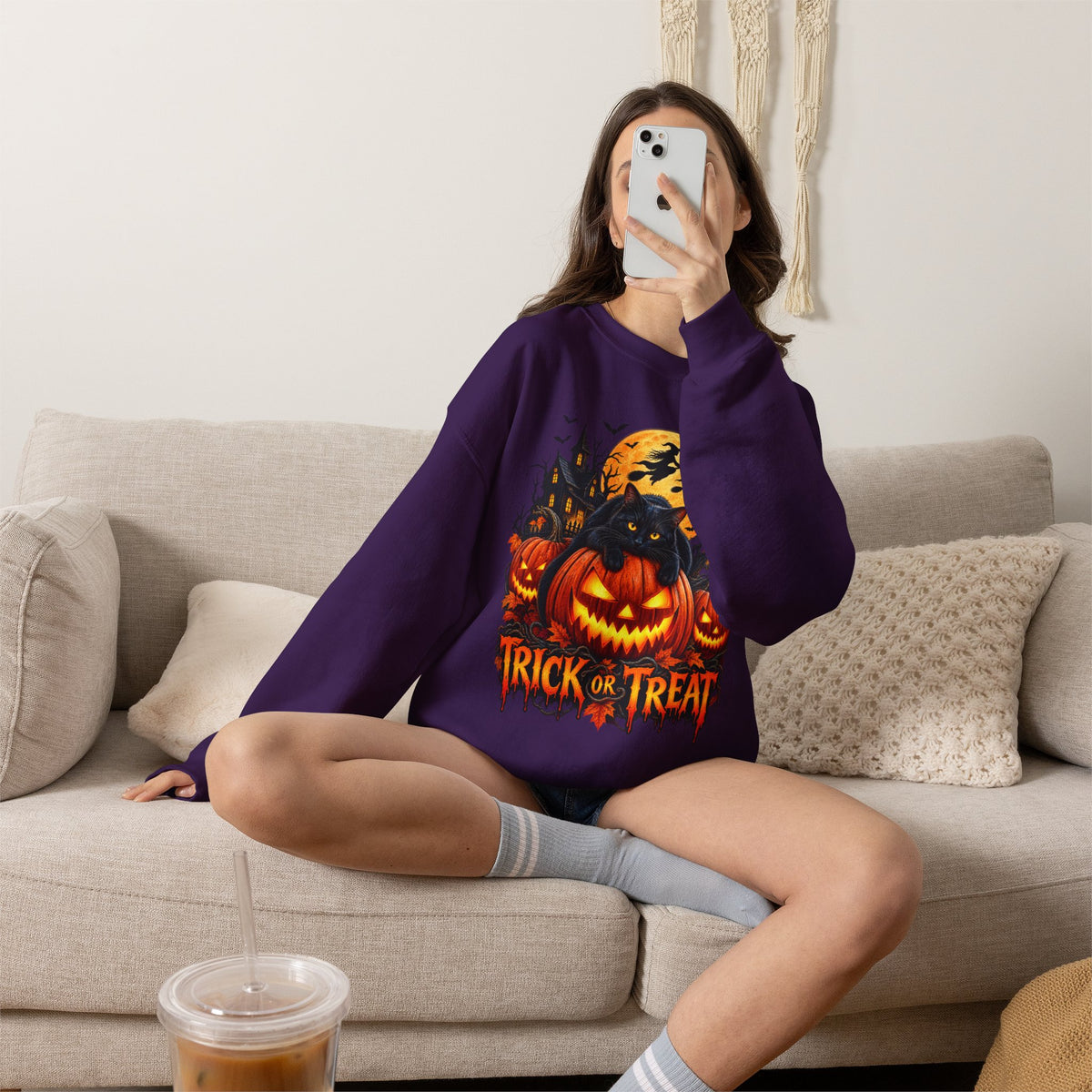 Trick or Treat Pumpkin Cat Sweatshirt | Halloween Jack-O'-Lantern Crewneck
