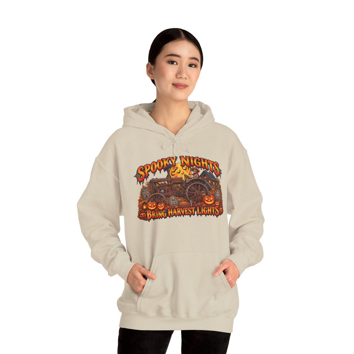Spooky Nights Bring Harvest Lights Hoodie | Halloween Pumpkin Wagon Sweatshirt