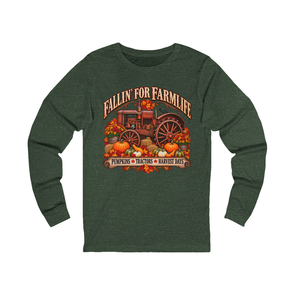 Fallin' for Farm Life Long Sleeve Tee — Pumpkin, Tractor & Harvest Days Design