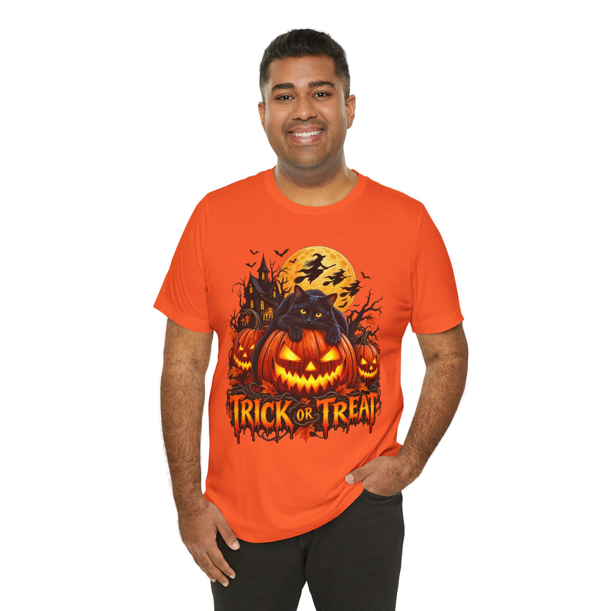 Trick or Treat Jack-O'-Lanterns Pumpkin Cat T-Shirt | Halloween Tee, Spooky Haunted Moon