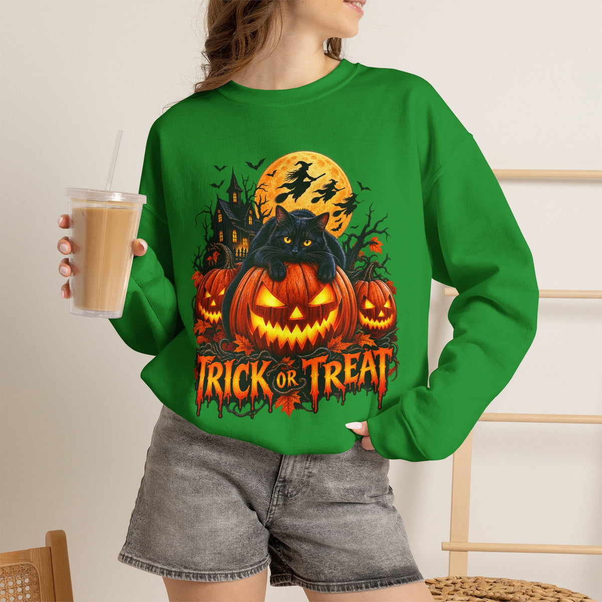 Trick or Treat Pumpkin Cat Sweatshirt | Halloween Jack-O'-Lantern Crewneck