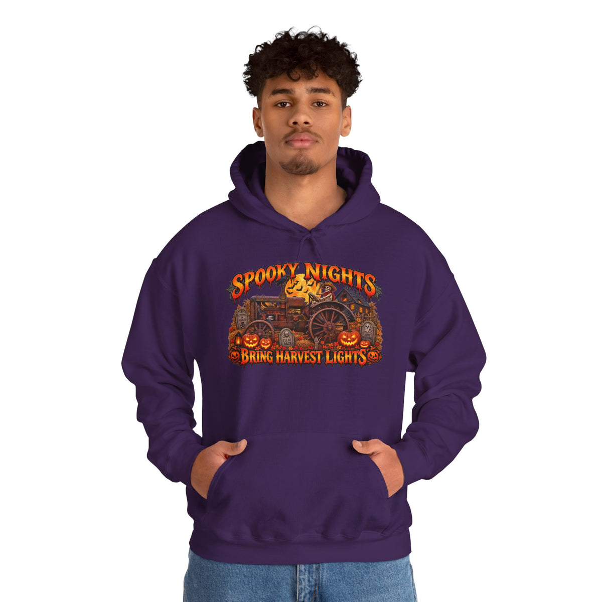Spooky Nights Bring Harvest Lights Hoodie | Halloween Pumpkin Wagon Sweatshirt