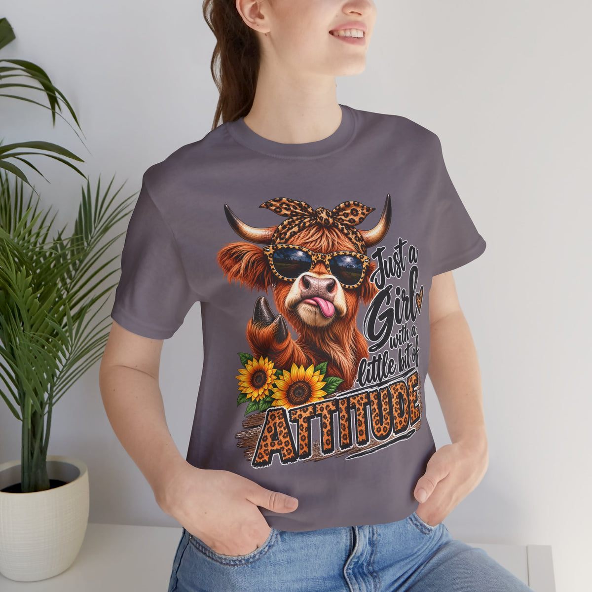 Girl With Attitude Cow Graphic Tee – "Just a Girl with a Little Bit of Attitude" Sunflower Shirt
