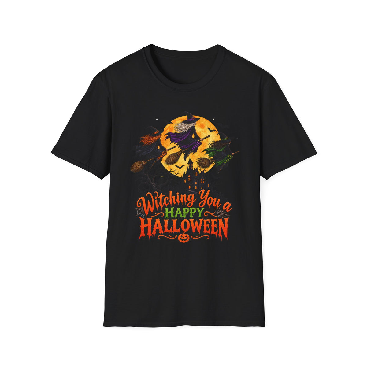 Witching You a Happy Halloween T-Shirt | Witch, Bats, Pumpkin, Moon