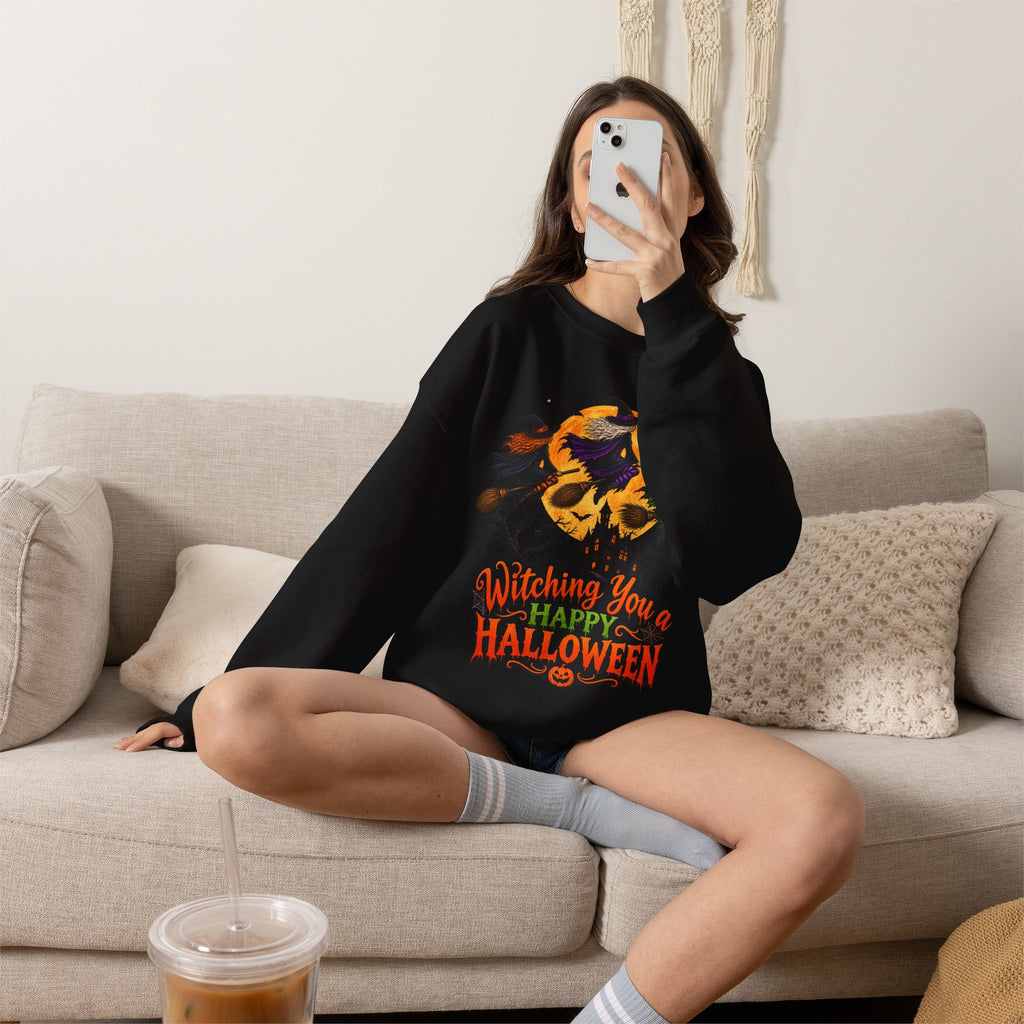Witching You a Happy Halloween Crewneck Sweatshirt | Halloween Skull Moon Design