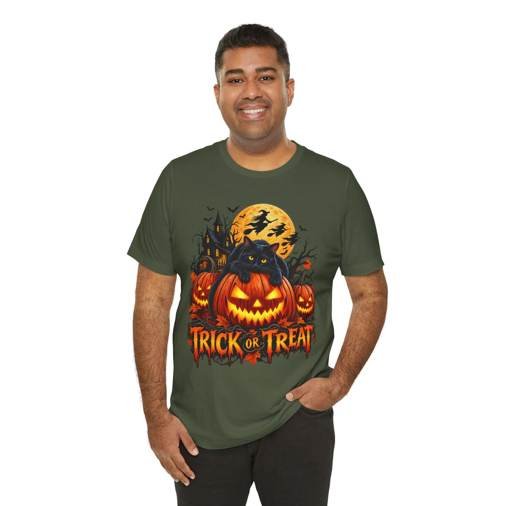 Trick or Treat Jack-O'-Lanterns Pumpkin Cat T-Shirt | Halloween Tee, Spooky Haunted Moon