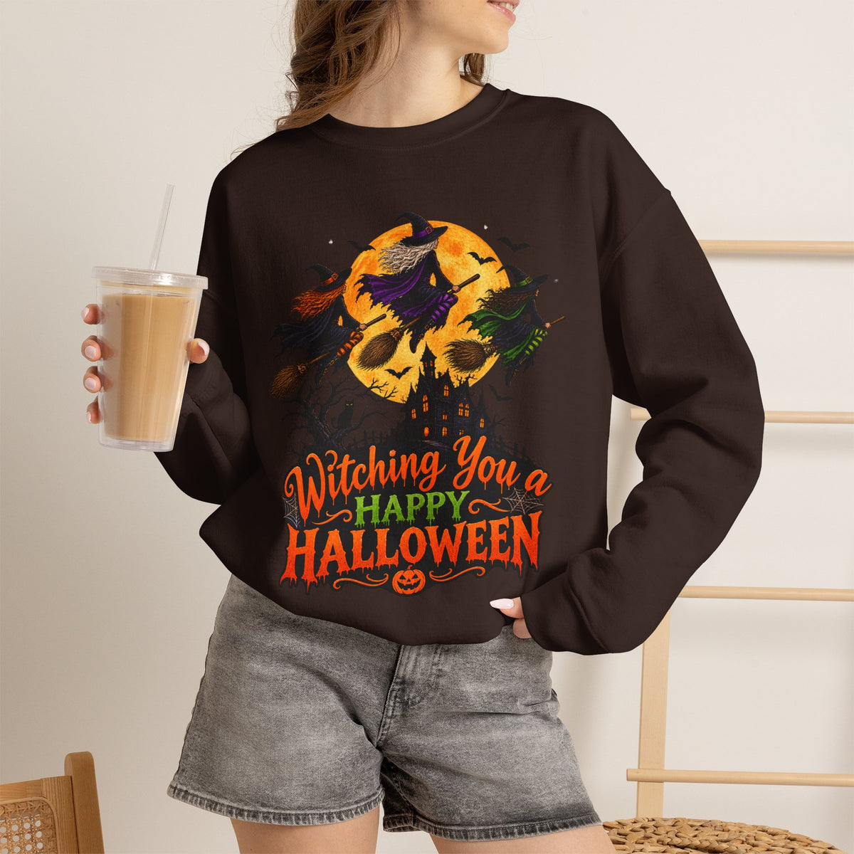 Witching You a Happy Halloween Crewneck Sweatshirt | Halloween Skull Moon Design