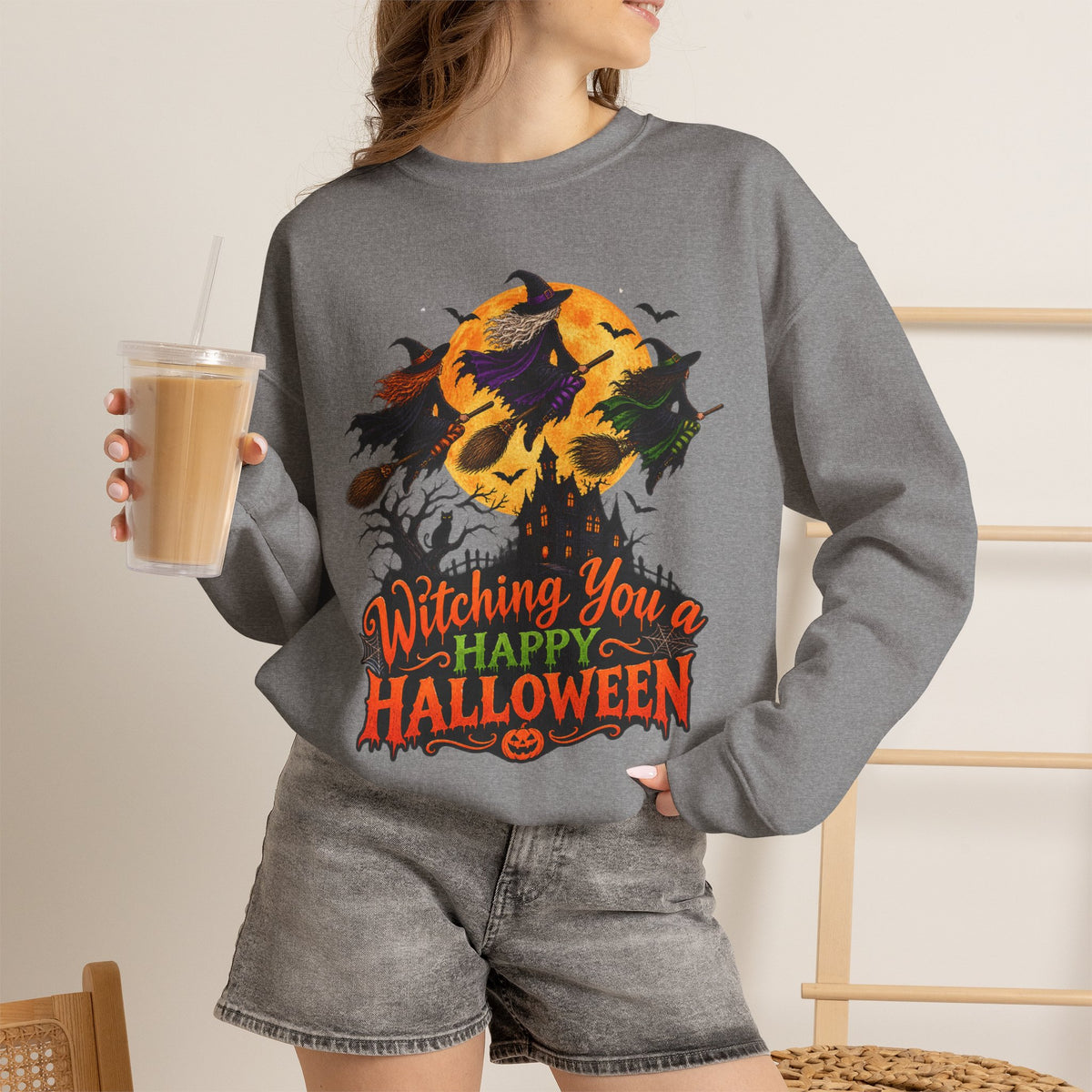 Witching You a Happy Halloween Crewneck Sweatshirt | Halloween Skull Moon Design