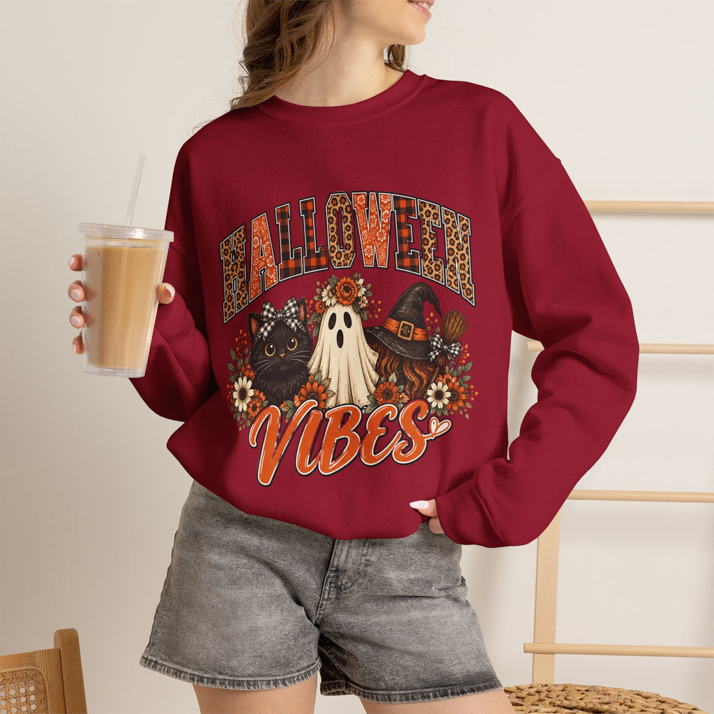 Halloween Vibes Sweatshirt — Cute Ghost & Black Cat Fall Crewneck