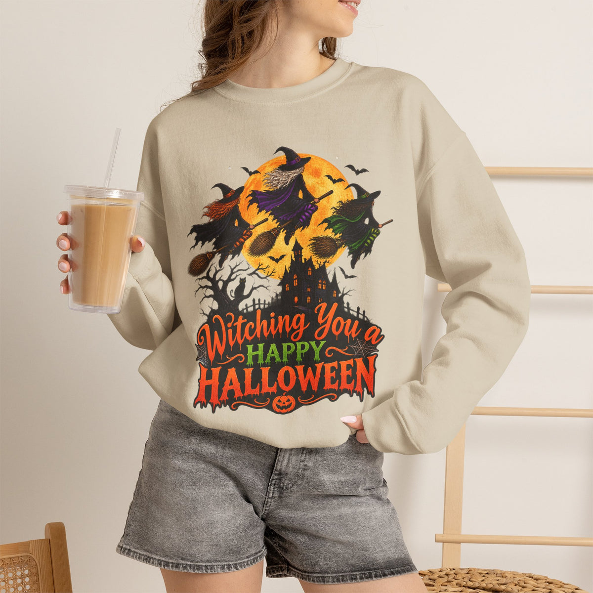 Witching You a Happy Halloween Crewneck Sweatshirt | Halloween Skull Moon Design
