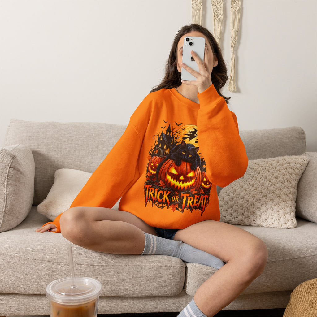 Trick or Treat Pumpkin Cat Sweatshirt | Halloween Jack-O'-Lantern Crewneck