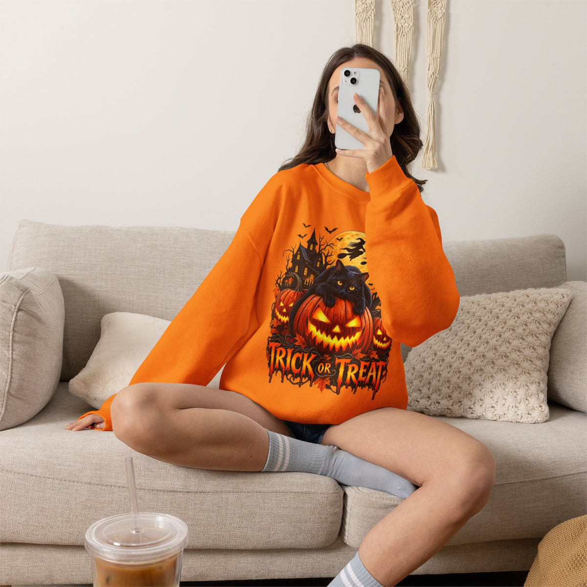 Trick or Treat Pumpkin Cat Sweatshirt | Halloween Jack-O'-Lantern Crewneck