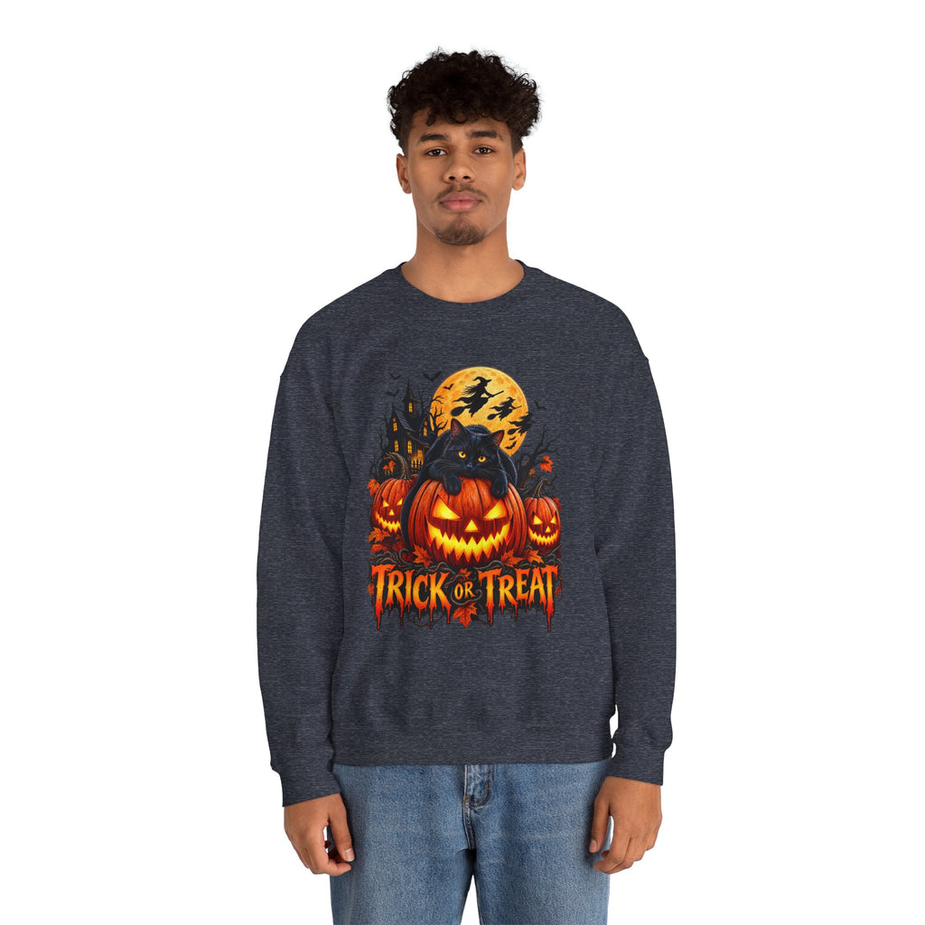 Trick or Treat Pumpkin Cat Sweatshirt | Halloween Jack-O'-Lantern Crewneck