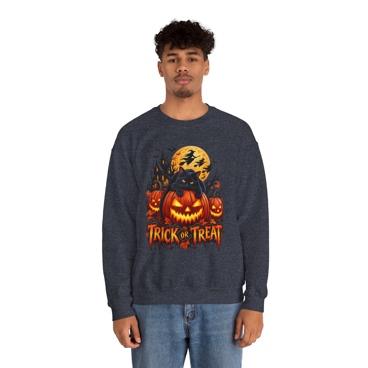 Trick or Treat Pumpkin Cat Sweatshirt | Halloween Jack-O'-Lantern Crewneck