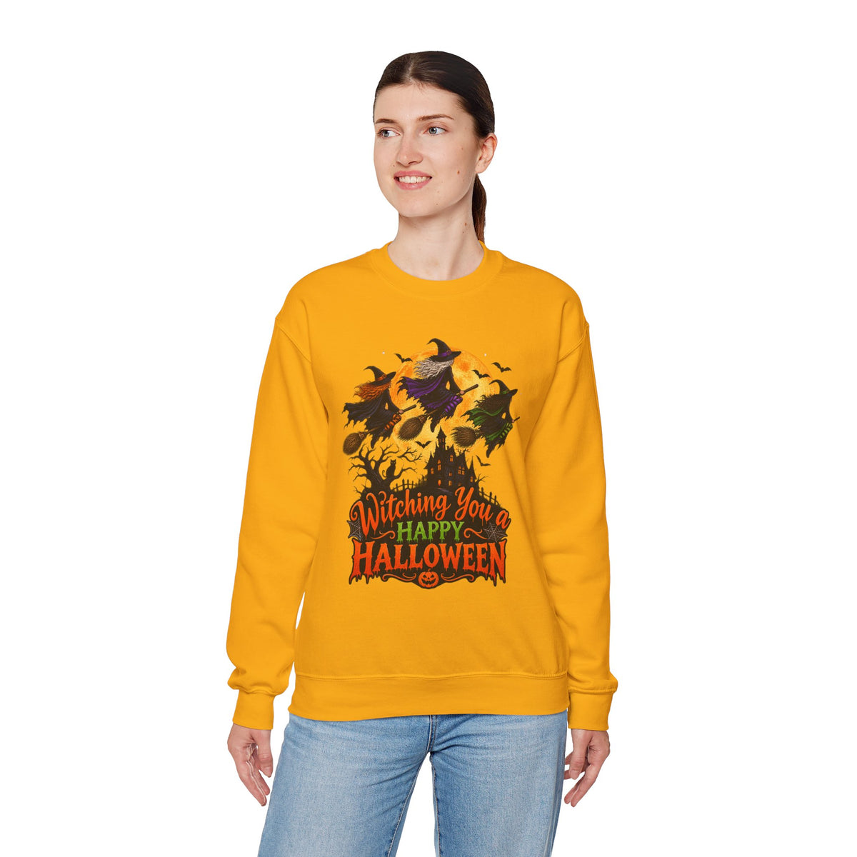 Witching You a Happy Halloween Crewneck Sweatshirt | Halloween Skull Moon Design