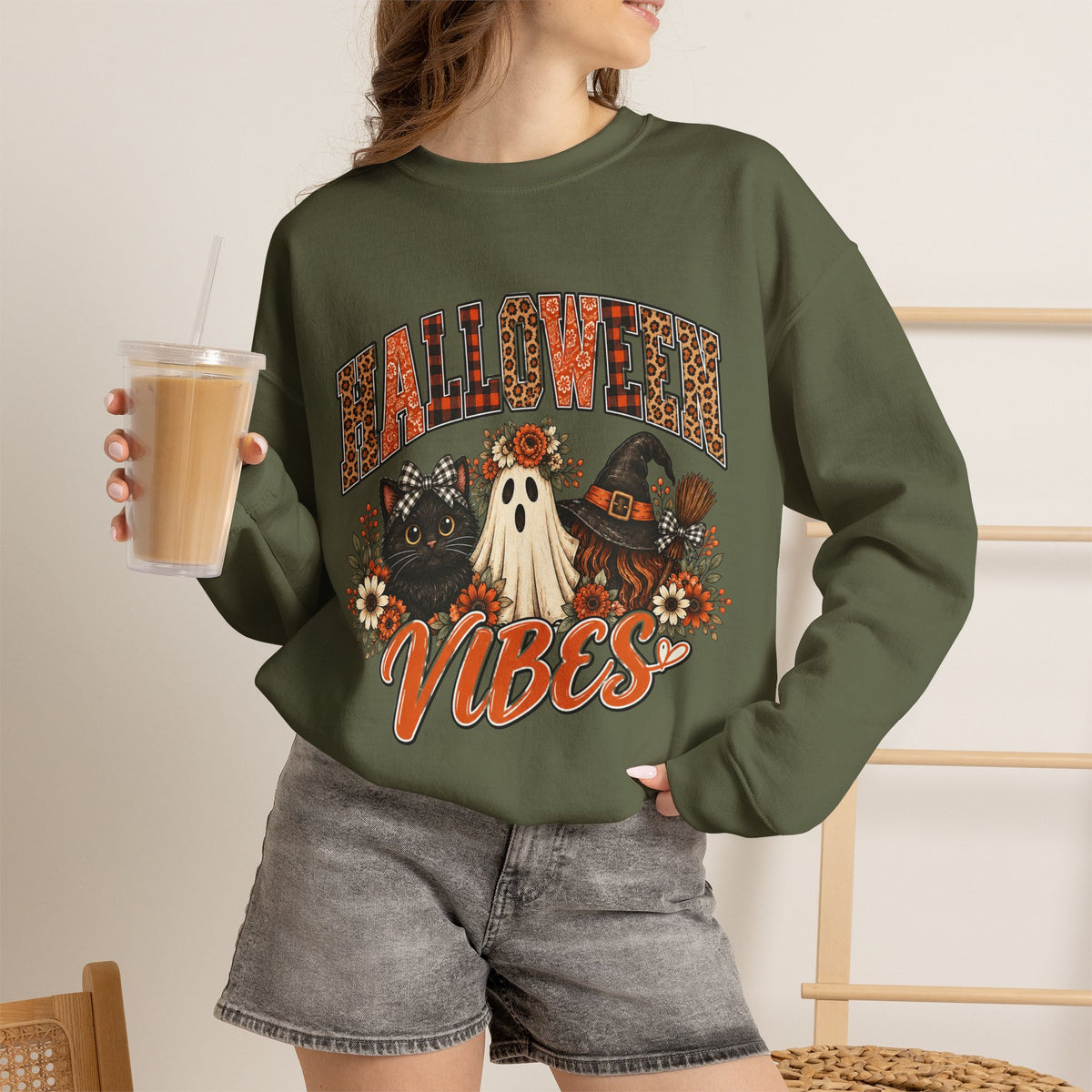 Halloween Vibes Sweatshirt — Cute Ghost & Black Cat Fall Crewneck
