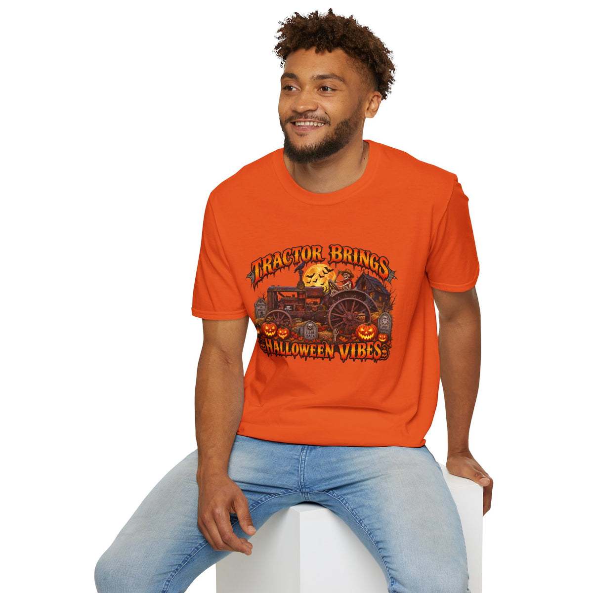 Tractor Brings Halloween Vibes T-Shirt | Pumpkin Farm Tractor Halloween Tee