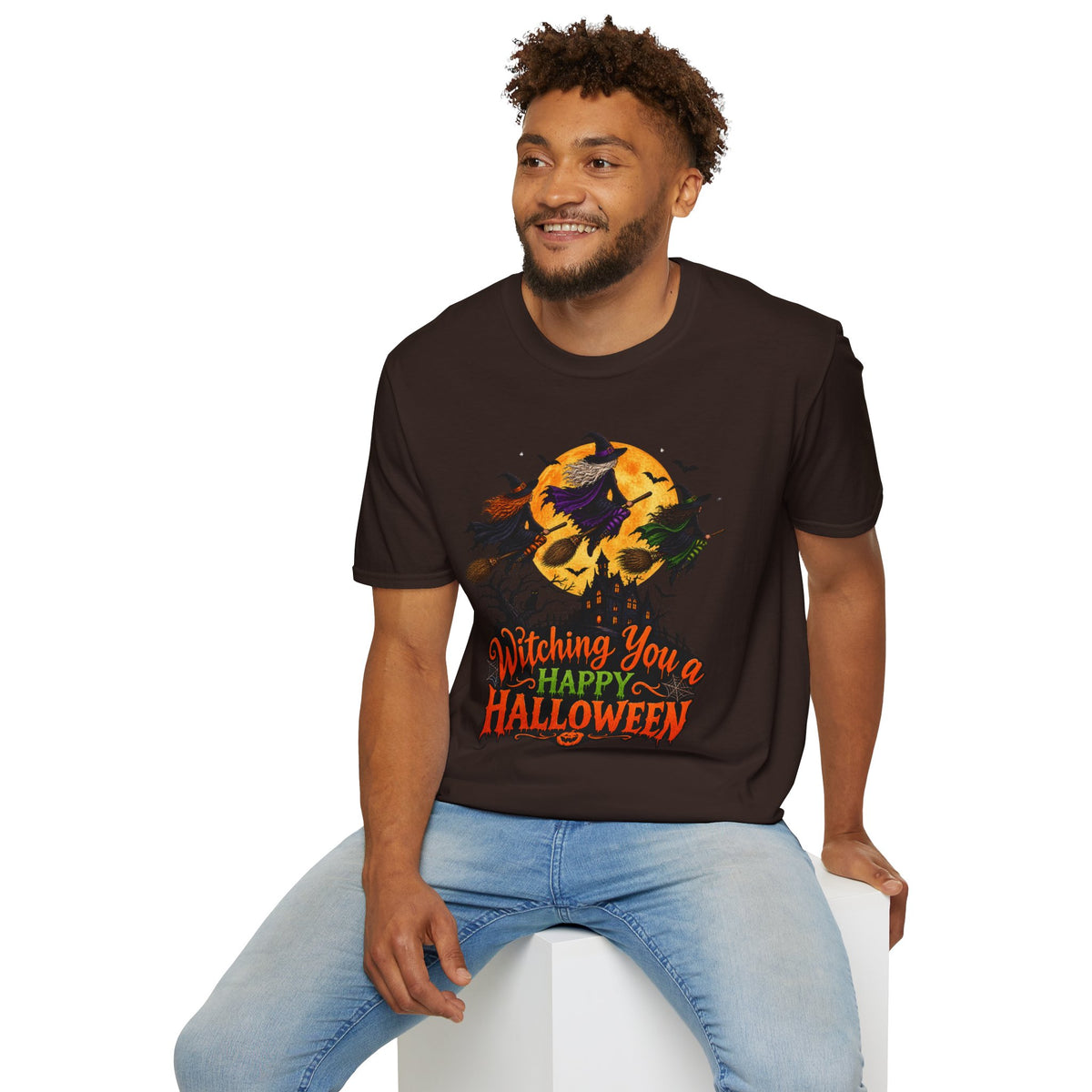 Witching You a Happy Halloween T-Shirt | Witch, Bats, Pumpkin, Moon