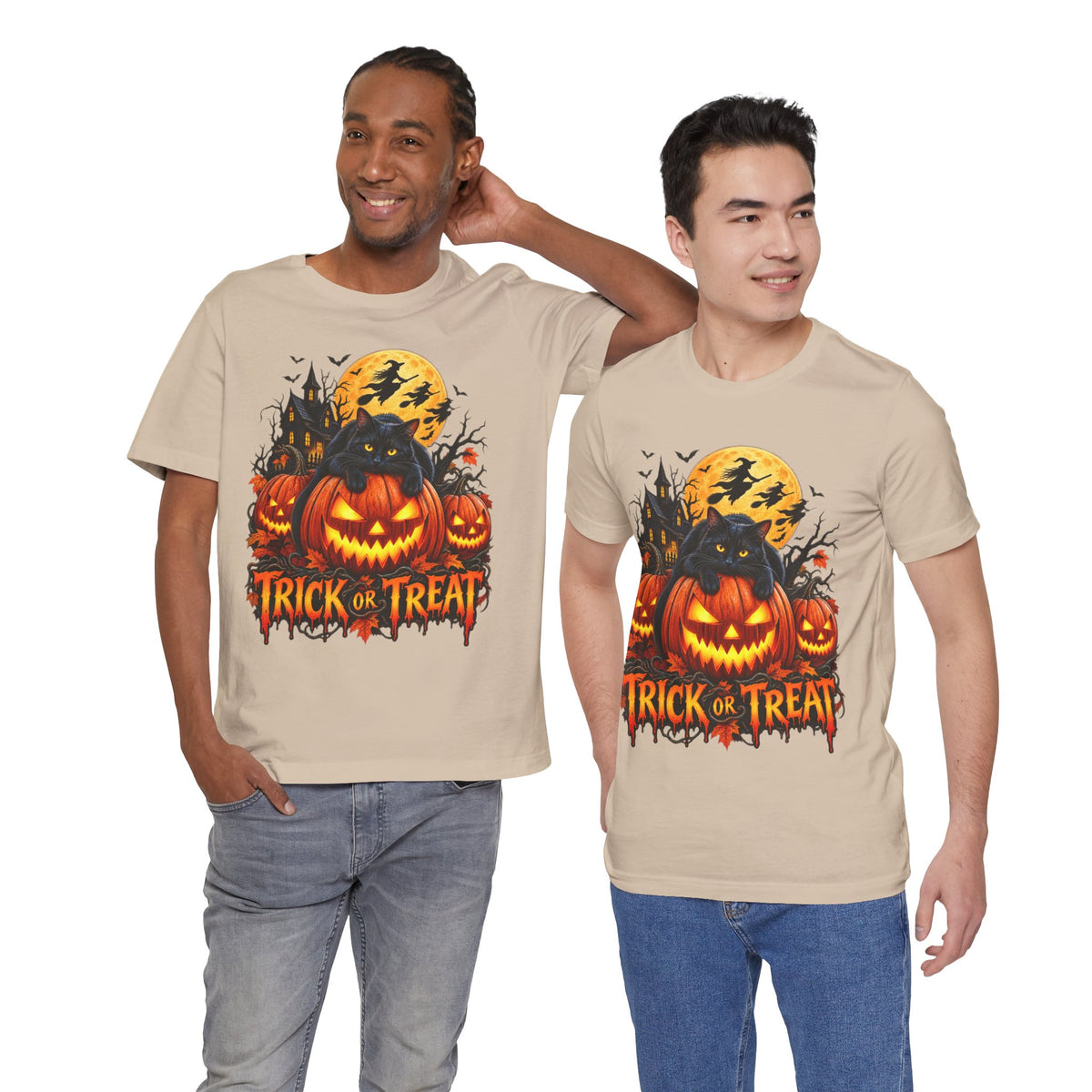 Trick or Treat Jack-O'-Lanterns Pumpkin Cat T-Shirt | Halloween Tee, Spooky Haunted Moon