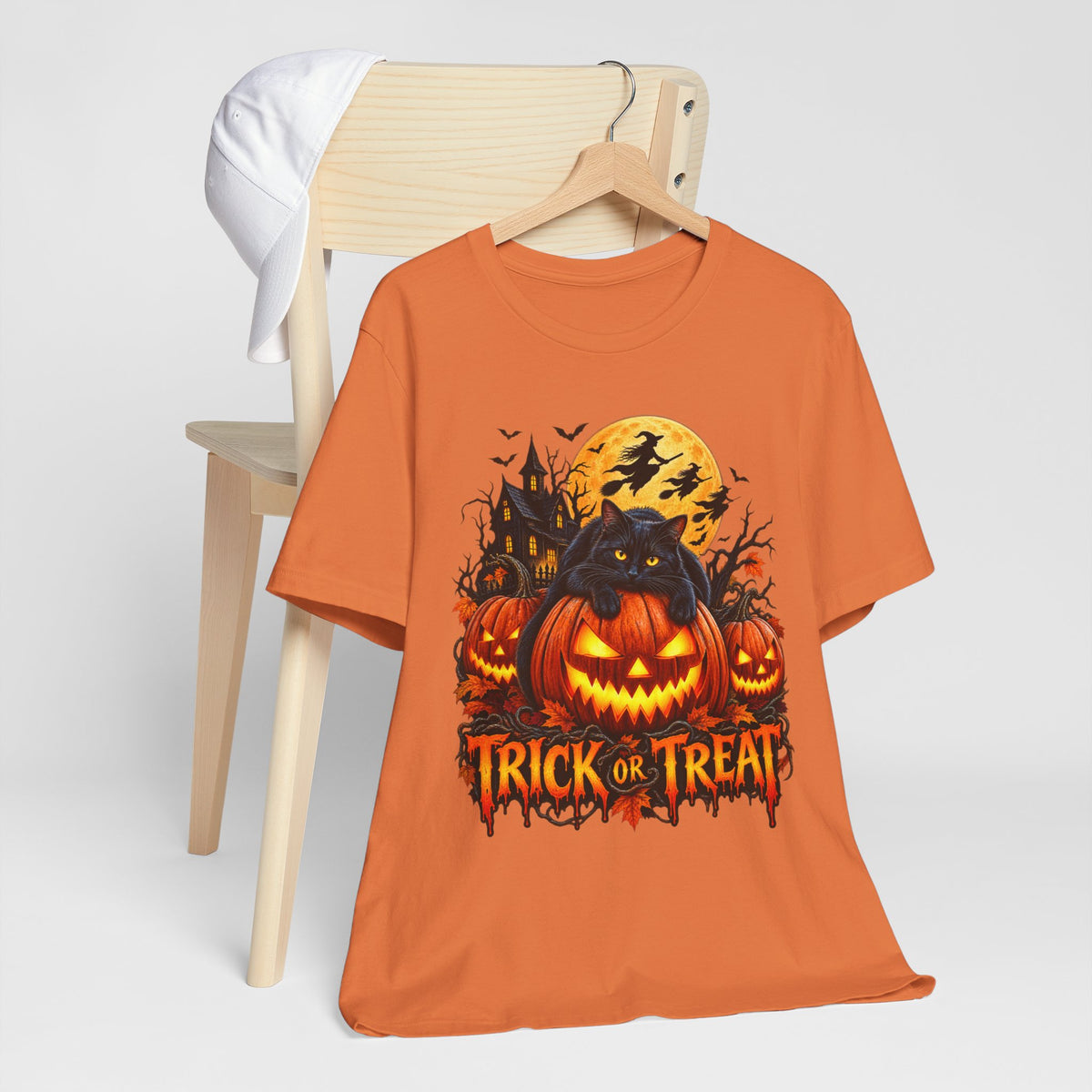 Trick or Treat Jack-O'-Lanterns Pumpkin Cat T-Shirt | Halloween Tee, Spooky Haunted Moon