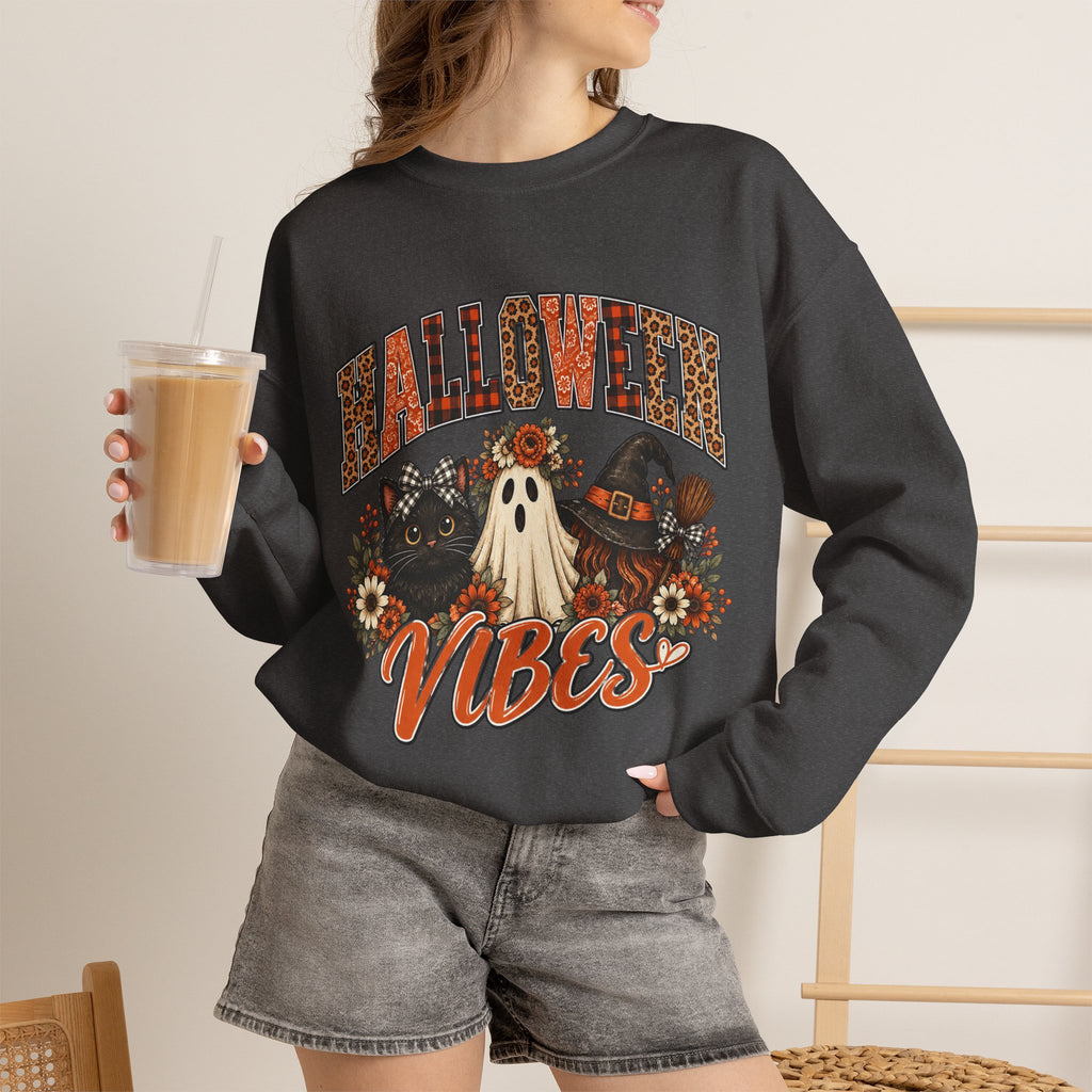Halloween Vibes Sweatshirt — Cute Ghost & Black Cat Fall Crewneck