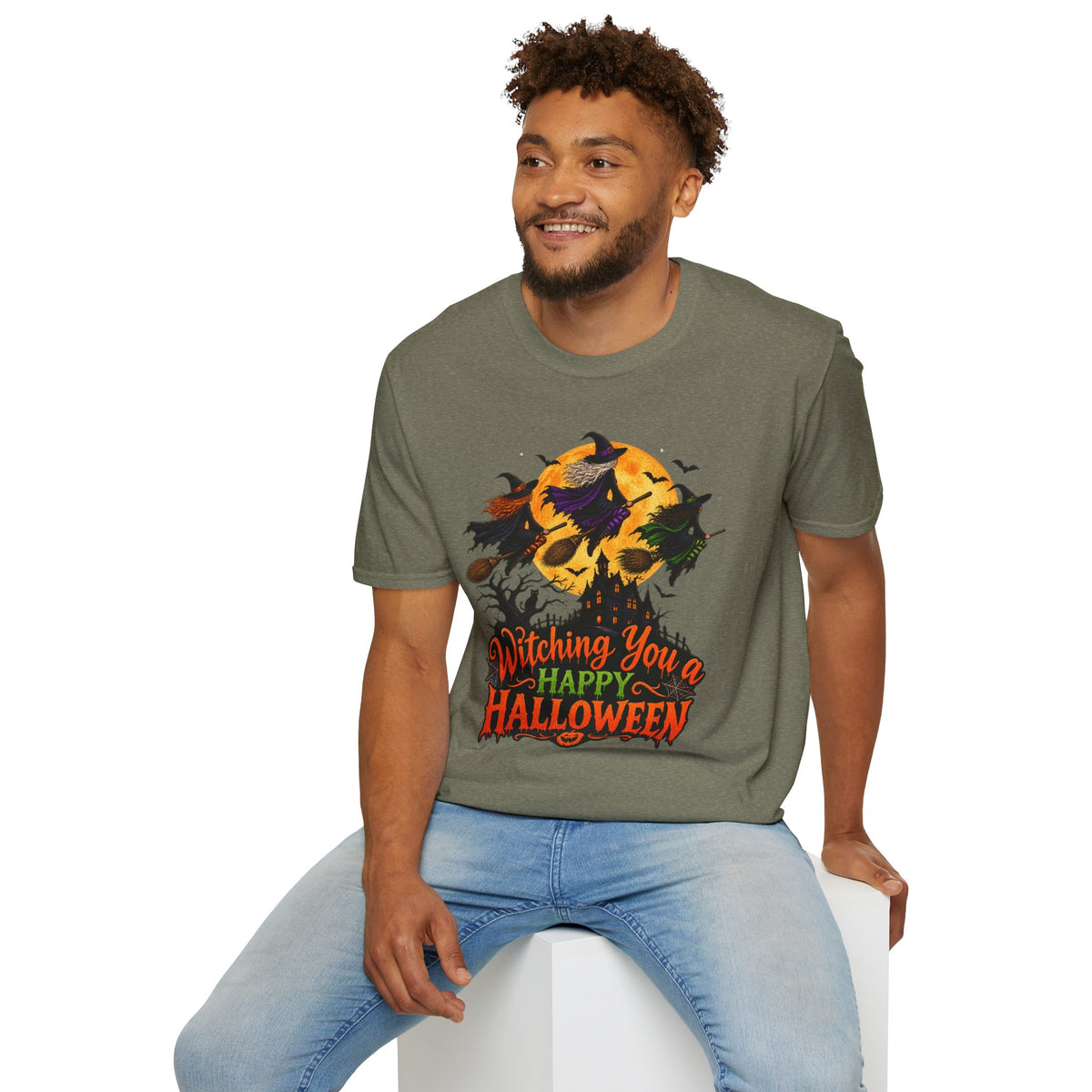 Witching You a Happy Halloween T-Shirt | Witch, Bats, Pumpkin, Moon