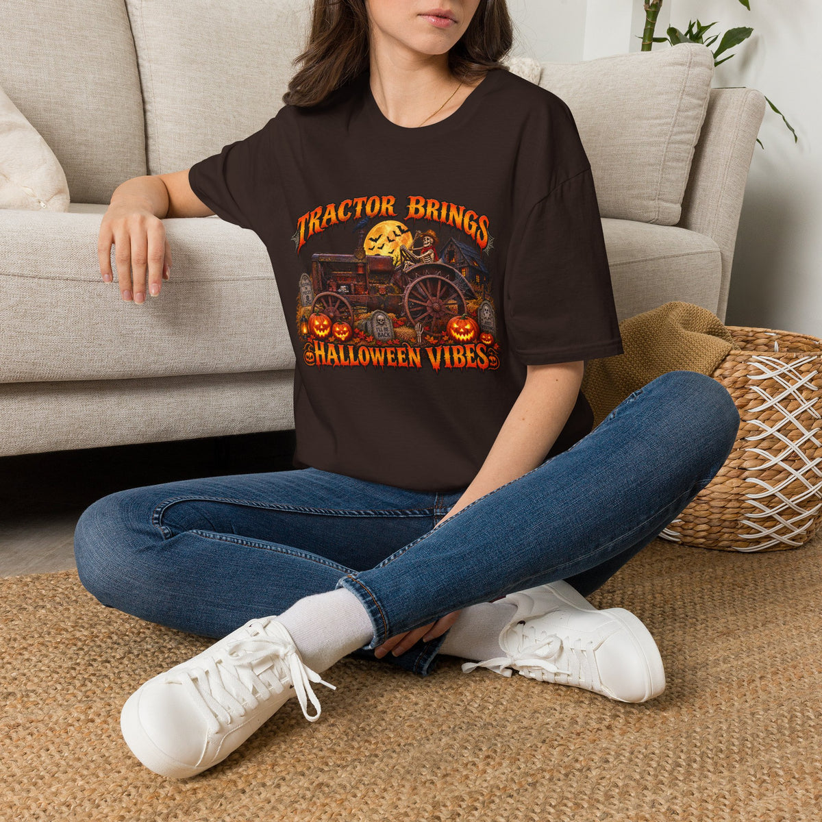 Tractor Brings Halloween Vibes T-Shirt | Pumpkin Farm Tractor Halloween Tee