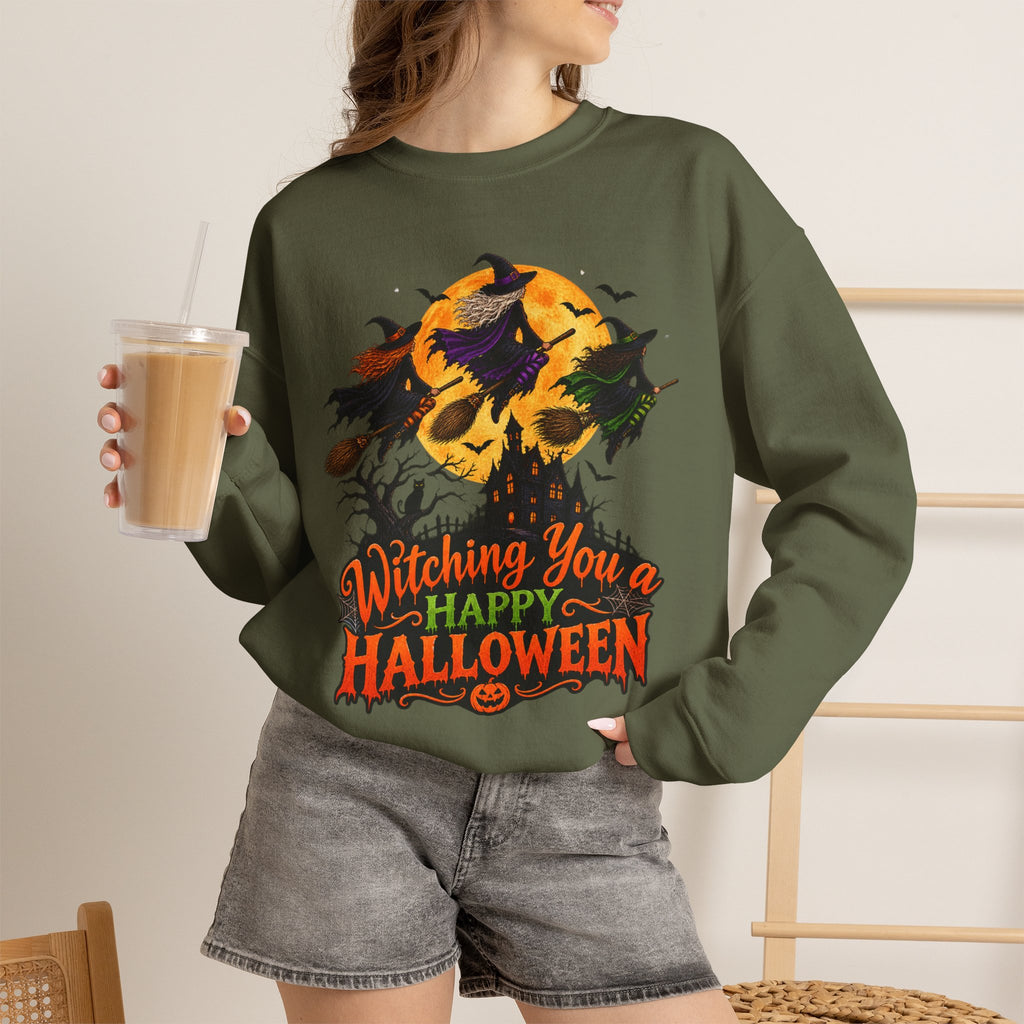 Witching You a Happy Halloween Crewneck Sweatshirt | Halloween Skull Moon Design