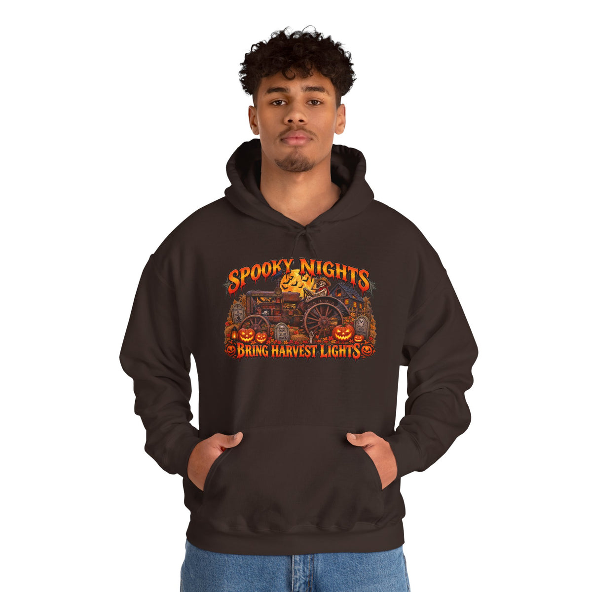 Spooky Nights Bring Harvest Lights Hoodie | Halloween Pumpkin Wagon Sweatshirt