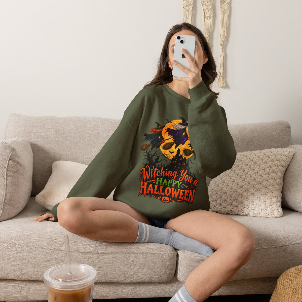 Witching You a Happy Halloween Crewneck Sweatshirt | Halloween Skull Moon Design