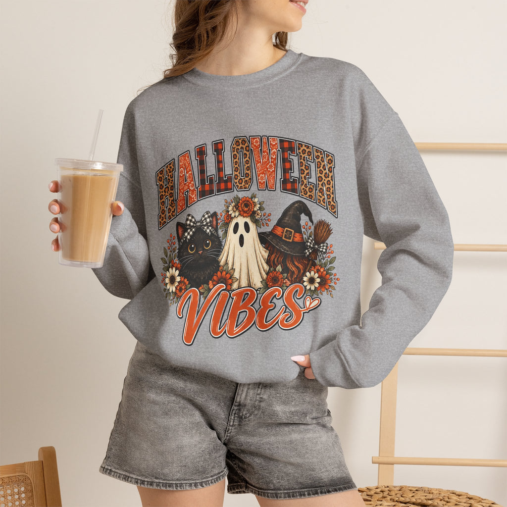 Halloween Vibes Sweatshirt — Cute Ghost & Black Cat Fall Crewneck