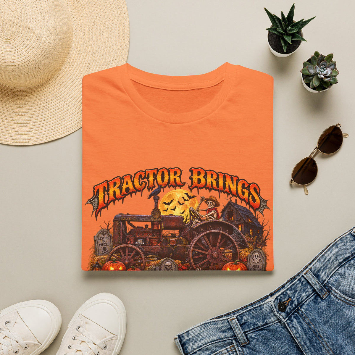 Tractor Brings Halloween Vibes T-Shirt | Pumpkin Farm Tractor Halloween Tee